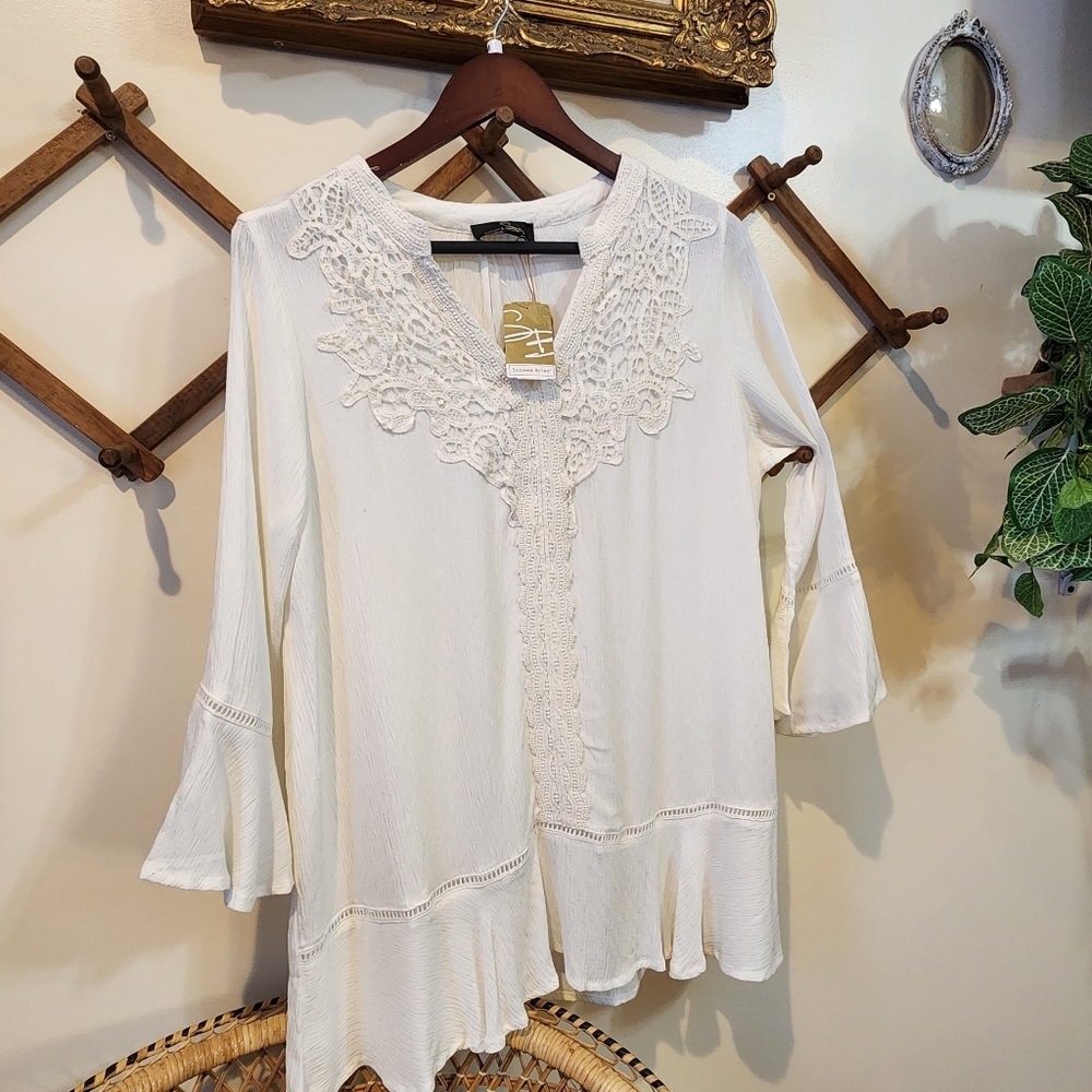 Suzanne Betro Tunic Blouse Cream White Medium NWT Crochet Lace Boho Bell Sleeve - Picture 8 of 16